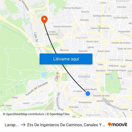 Lavapiés to Ets De Ingenieros De Caminos, Canales Y Puertos map