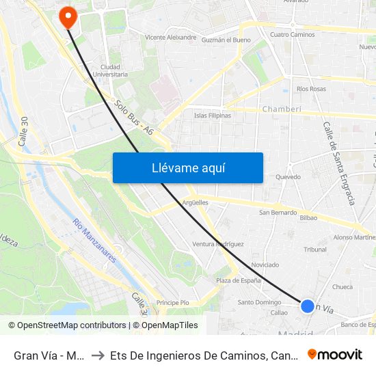 Gran Vía - Montera to Ets De Ingenieros De Caminos, Canales Y Puertos map