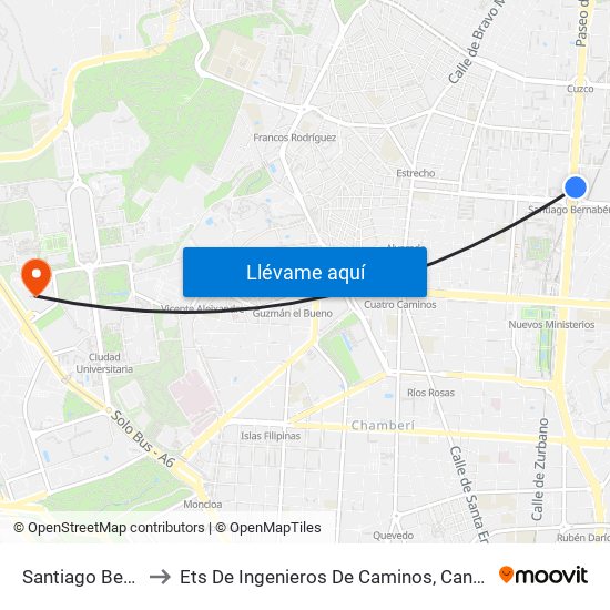 Santiago Bernabéu to Ets De Ingenieros De Caminos, Canales Y Puertos map