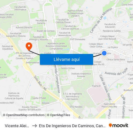 Vicente Aleixandre to Ets De Ingenieros De Caminos, Canales Y Puertos map
