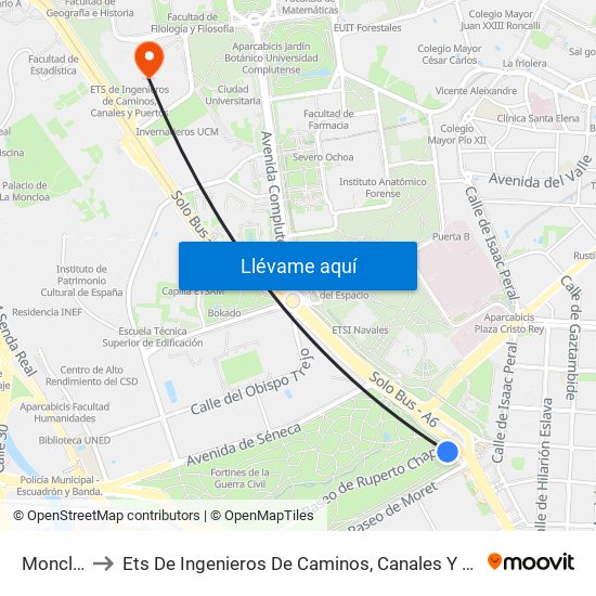 Moncloa to Ets De Ingenieros De Caminos, Canales Y Puertos map
