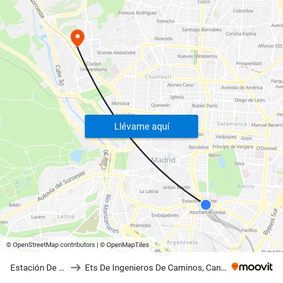 Estación De Atocha to Ets De Ingenieros De Caminos, Canales Y Puertos map