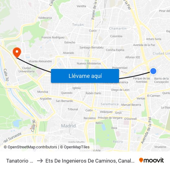 Tanatorio M-30 to Ets De Ingenieros De Caminos, Canales Y Puertos map
