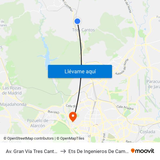 Av. Gran Vía Tres Cantos - Pza. Hoya Tocón to Ets De Ingenieros De Caminos, Canales Y Puertos map
