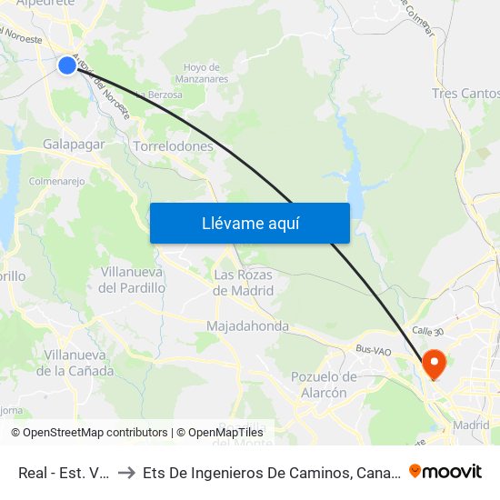 Real - Est. Villalba to Ets De Ingenieros De Caminos, Canales Y Puertos map