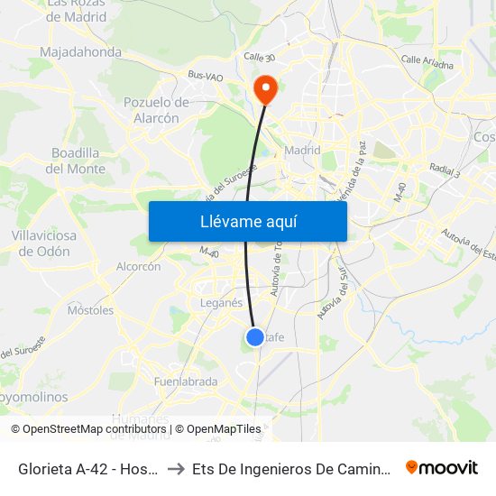 Glorieta A-42 - Hospital De Getafe to Ets De Ingenieros De Caminos, Canales Y Puertos map