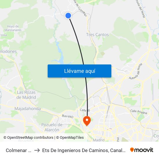 Colmenar Viejo to Ets De Ingenieros De Caminos, Canales Y Puertos map