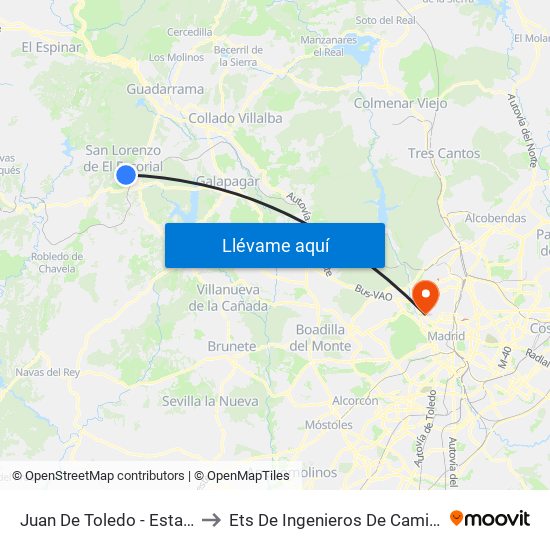 Juan De Toledo - Estación De Autobuses to Ets De Ingenieros De Caminos, Canales Y Puertos map
