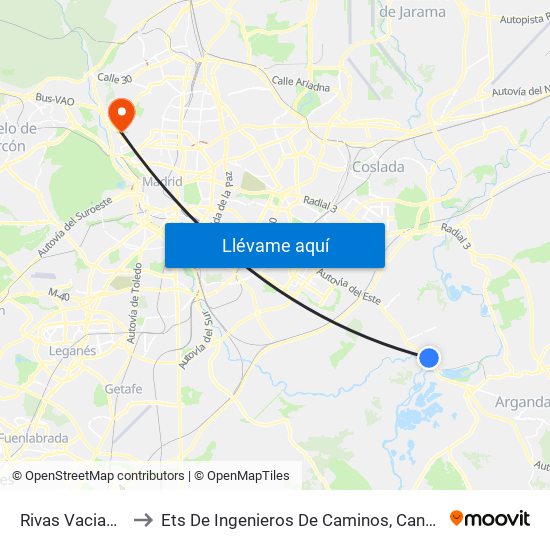 Rivas Vaciamadrid to Ets De Ingenieros De Caminos, Canales Y Puertos map