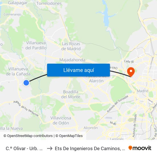 C.º Olivar - Urb. Las Velisas to Ets De Ingenieros De Caminos, Canales Y Puertos map