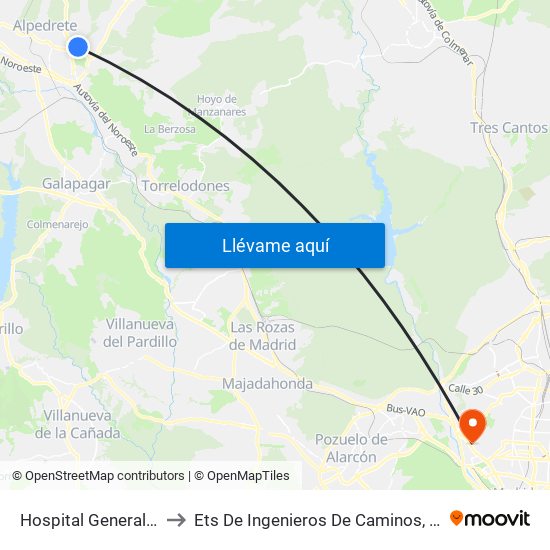 Hospital General De Villalba to Ets De Ingenieros De Caminos, Canales Y Puertos map