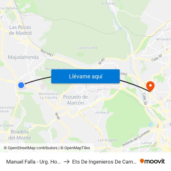 Manuel Falla - Urg. Hospital Pta. De Hierro to Ets De Ingenieros De Caminos, Canales Y Puertos map