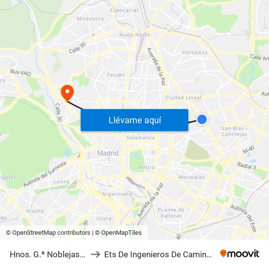 Hnos. G.ª Noblejas - Ciudad Lineal to Ets De Ingenieros De Caminos, Canales Y Puertos map