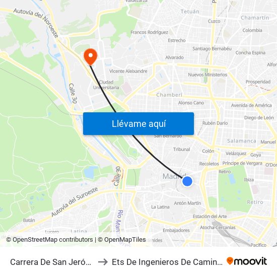 Carrera De San Jerónimo - Cedaceros to Ets De Ingenieros De Caminos, Canales Y Puertos map