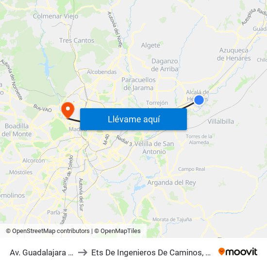 Av. Guadalajara - Brihuega to Ets De Ingenieros De Caminos, Canales Y Puertos map