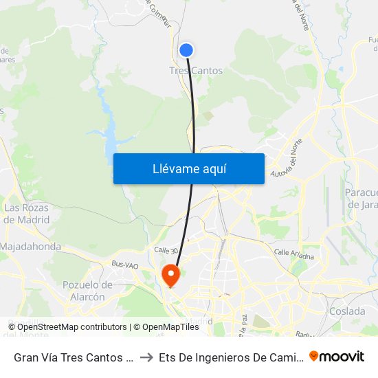 Gran Vía Tres Cantos - Av. Teresa Calcuta to Ets De Ingenieros De Caminos, Canales Y Puertos map