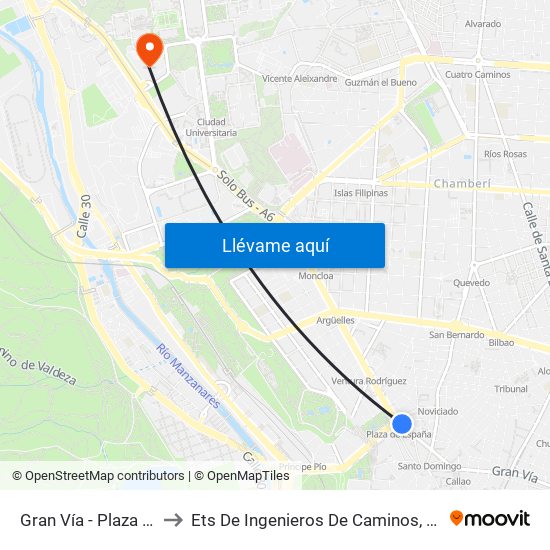 Gran Vía - Plaza De España to Ets De Ingenieros De Caminos, Canales Y Puertos map