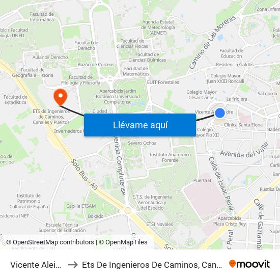 Vicente Aleixandre to Ets De Ingenieros De Caminos, Canales Y Puertos map