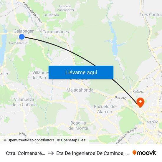 Ctra. Colmenarejo - Jazmín to Ets De Ingenieros De Caminos, Canales Y Puertos map