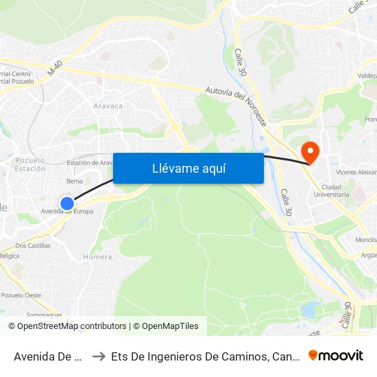 Avenida De Europa to Ets De Ingenieros De Caminos, Canales Y Puertos map