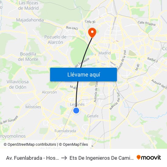 Av. Fuenlabrada - Hospital Severo Ochoa to Ets De Ingenieros De Caminos, Canales Y Puertos map
