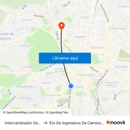 Intercambiador De Plaza Elíptica to Ets De Ingenieros De Caminos, Canales Y Puertos map