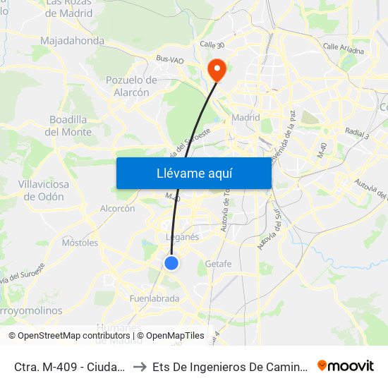 Ctra. M-409 - Ciudad Del Automóvil to Ets De Ingenieros De Caminos, Canales Y Puertos map