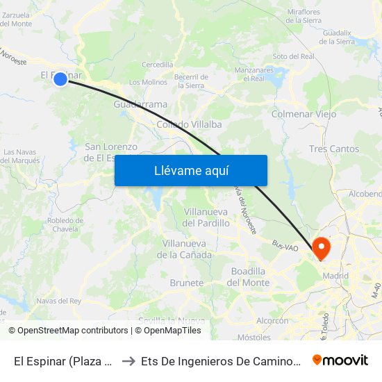 El Espinar (Plaza Constitución) to Ets De Ingenieros De Caminos, Canales Y Puertos map