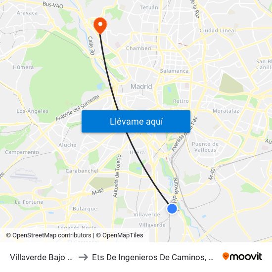 Villaverde Bajo Cercanías to Ets De Ingenieros De Caminos, Canales Y Puertos map