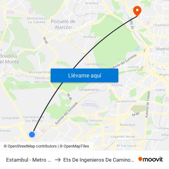 Estambul - Metro Parque Oeste to Ets De Ingenieros De Caminos, Canales Y Puertos map