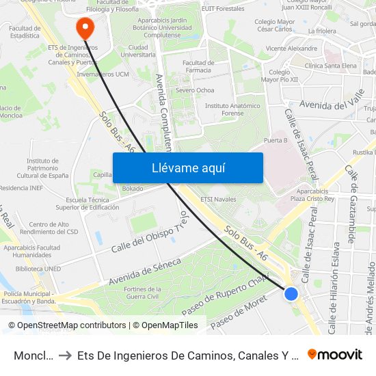 Moncloa to Ets De Ingenieros De Caminos, Canales Y Puertos map