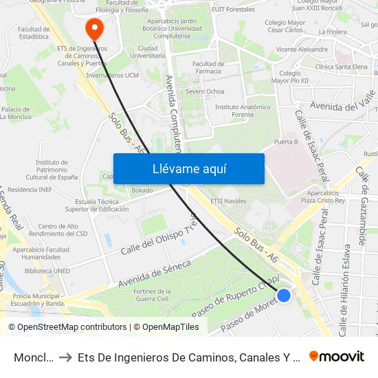 Moncloa to Ets De Ingenieros De Caminos, Canales Y Puertos map