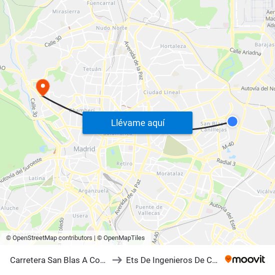 Carretera San Blas A Coslada Frente Metropolitano to Ets De Ingenieros De Caminos, Canales Y Puertos map