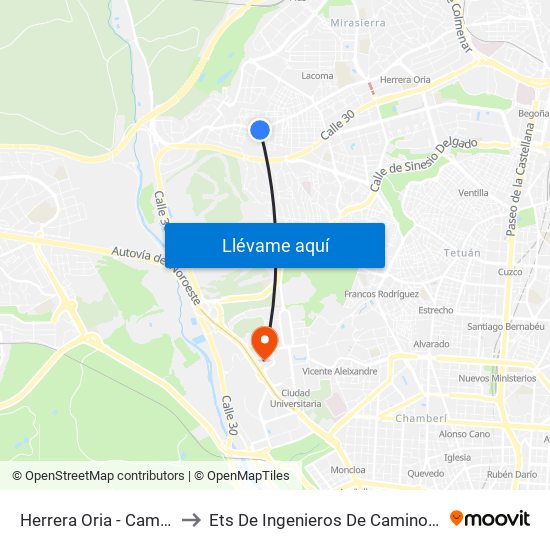 Herrera Oria - Camino Fuencarral to Ets De Ingenieros De Caminos, Canales Y Puertos map