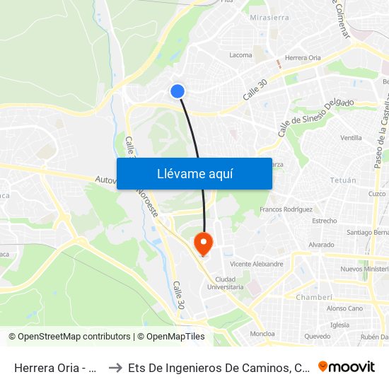Herrera Oria - Gascones to Ets De Ingenieros De Caminos, Canales Y Puertos map