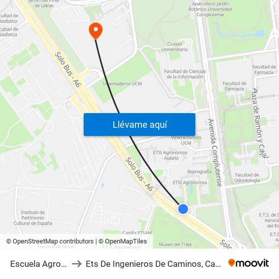 Escuela Agronómica to Ets De Ingenieros De Caminos, Canales Y Puertos map