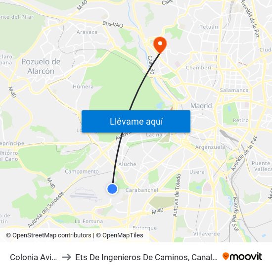 Colonia Aviación to Ets De Ingenieros De Caminos, Canales Y Puertos map