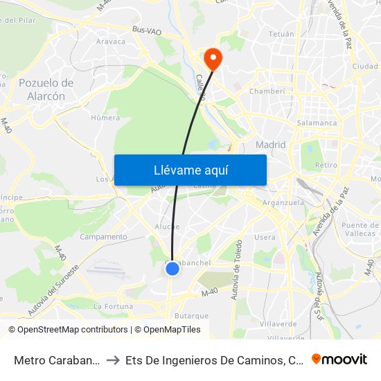 Metro Carabanchel Alto to Ets De Ingenieros De Caminos, Canales Y Puertos map