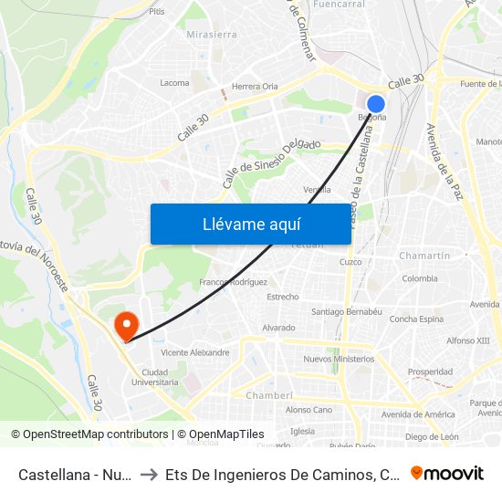 Castellana - Nudo Norte to Ets De Ingenieros De Caminos, Canales Y Puertos map