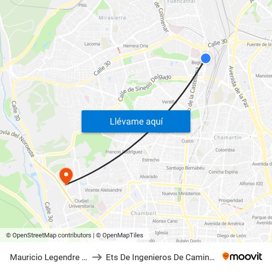 Mauricio Legendre - Cocheras Emt to Ets De Ingenieros De Caminos, Canales Y Puertos map