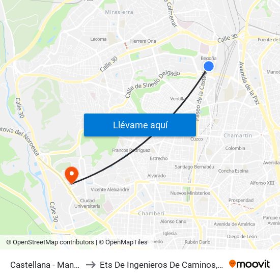 Castellana - Manuel Caldeiro to Ets De Ingenieros De Caminos, Canales Y Puertos map