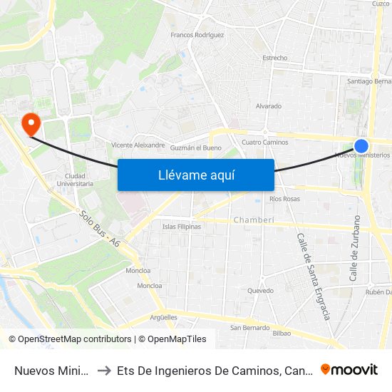 Nuevos Ministerios to Ets De Ingenieros De Caminos, Canales Y Puertos map
