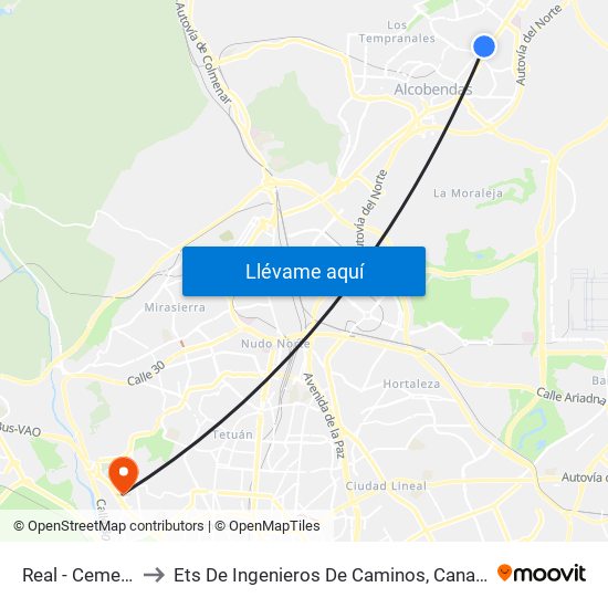 Real - Cementerio to Ets De Ingenieros De Caminos, Canales Y Puertos map