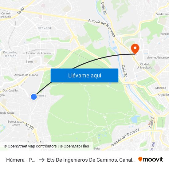Húmera - Pueblo to Ets De Ingenieros De Caminos, Canales Y Puertos map