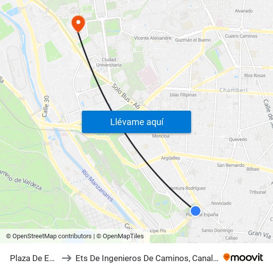Plaza De España to Ets De Ingenieros De Caminos, Canales Y Puertos map