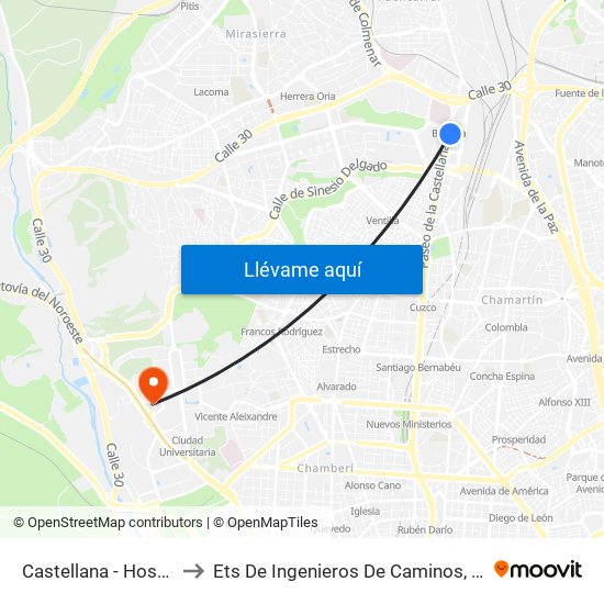 Castellana - Hospital La Paz to Ets De Ingenieros De Caminos, Canales Y Puertos map