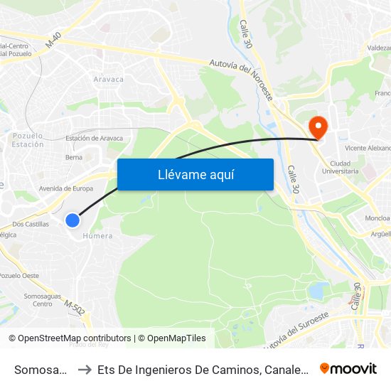 Somosaguas to Ets De Ingenieros De Caminos, Canales Y Puertos map