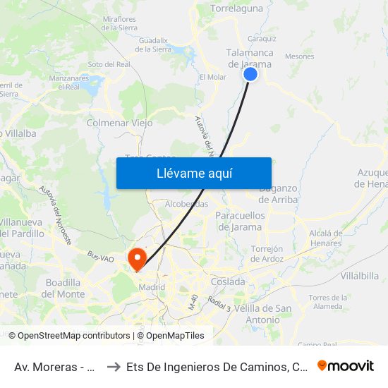 Av. Moreras - Av. Alcalá to Ets De Ingenieros De Caminos, Canales Y Puertos map