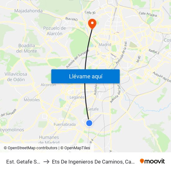 Est. Getafe Sector 3 to Ets De Ingenieros De Caminos, Canales Y Puertos map