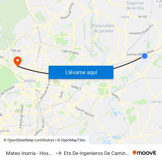 Mateo Inurria - Hospital De Torrejón to Ets De Ingenieros De Caminos, Canales Y Puertos map
